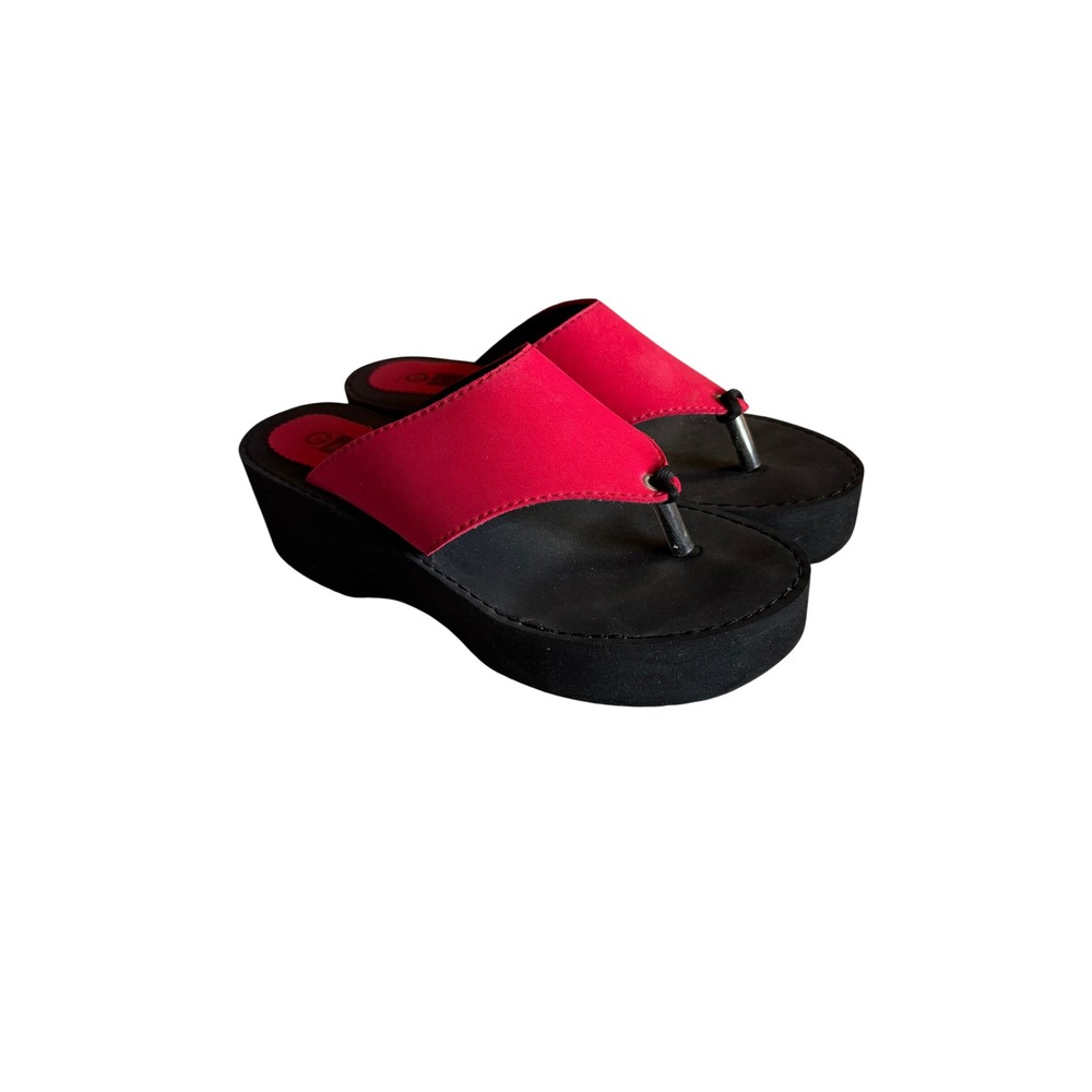 Vintage Ellemenno Red Black Platform Wedge Sandals Malibu Thong Slides Y2K 7M